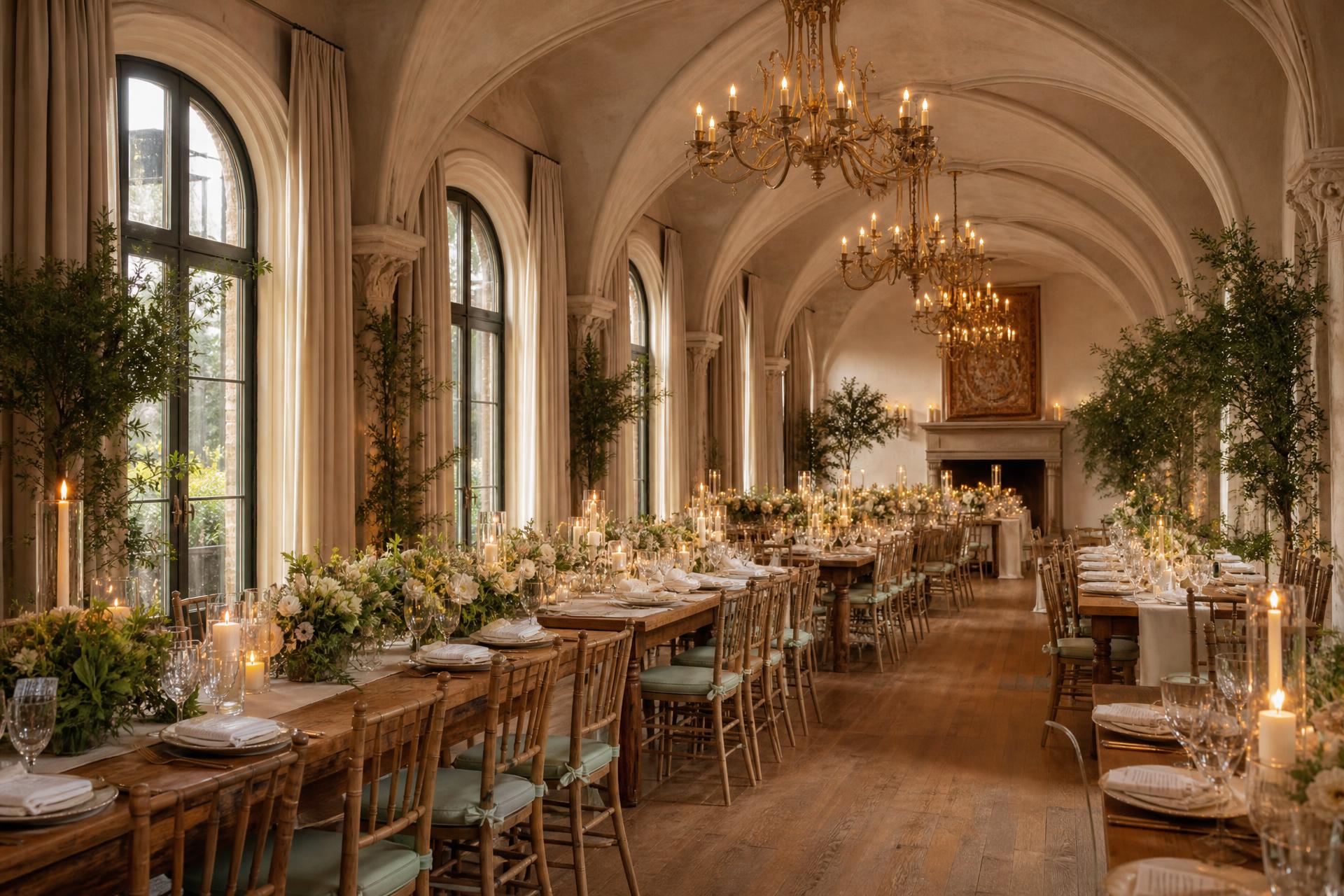 Grand event hall with crystal chandeliers and sage drapery