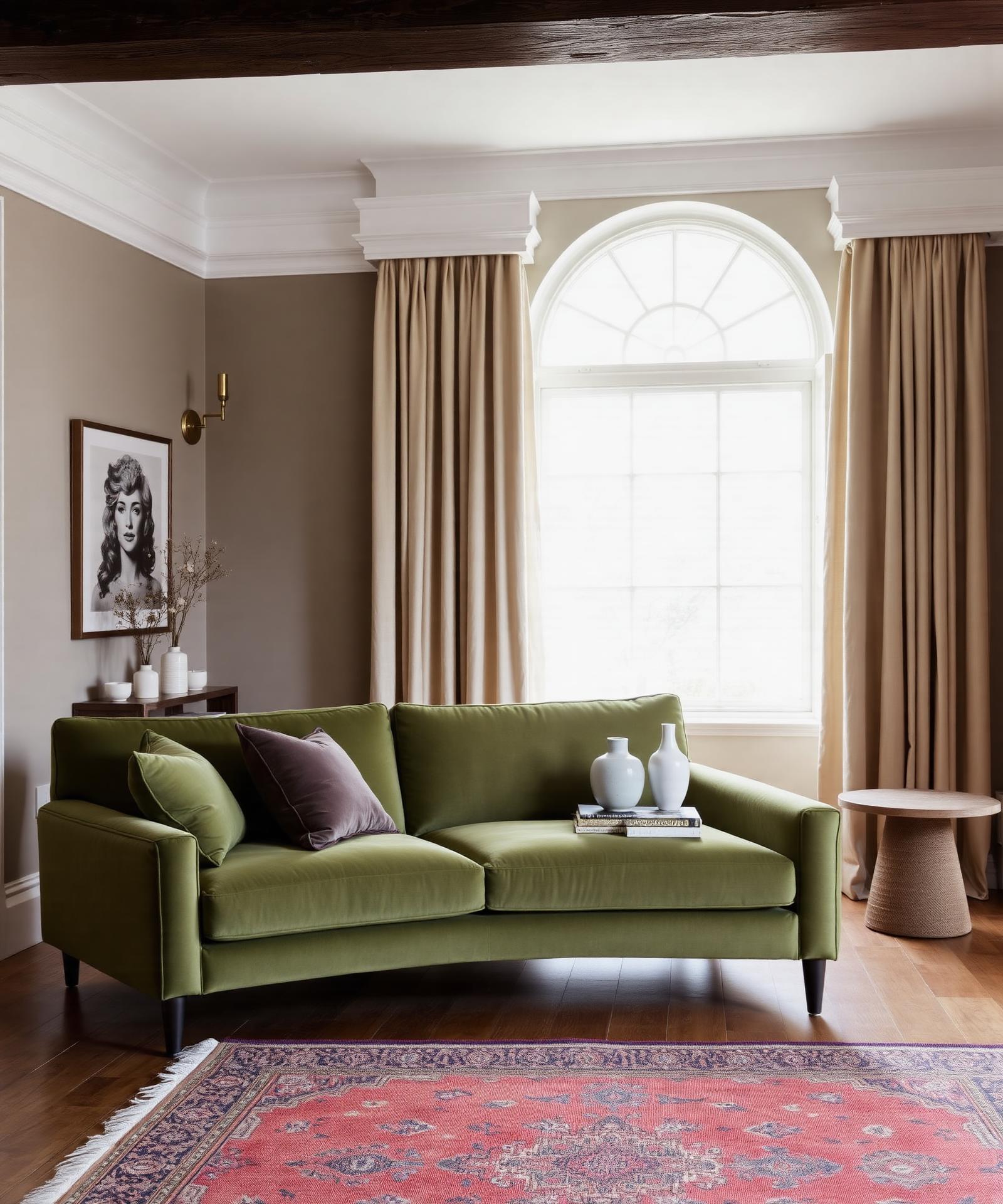 Sage velvet sofa in a sunlit living room with arched window and oak floors