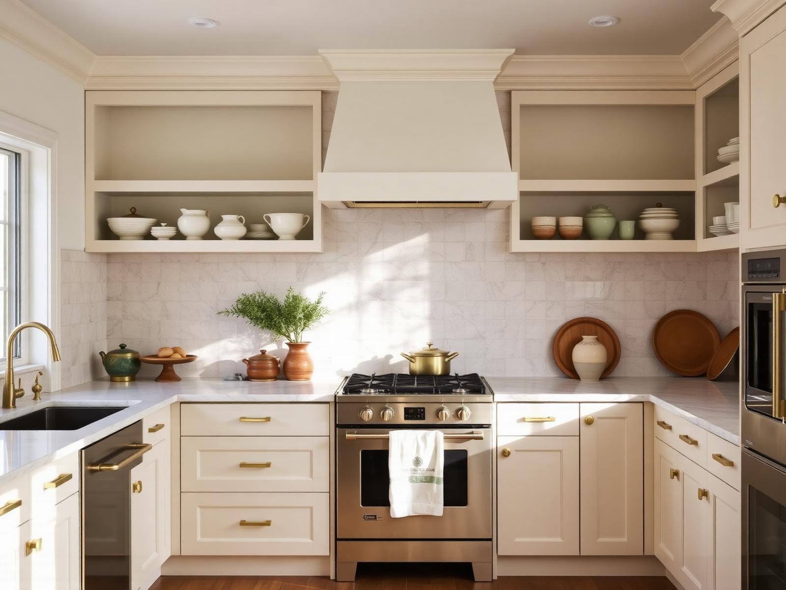 Cream kitchen with brass hardware and honed marble